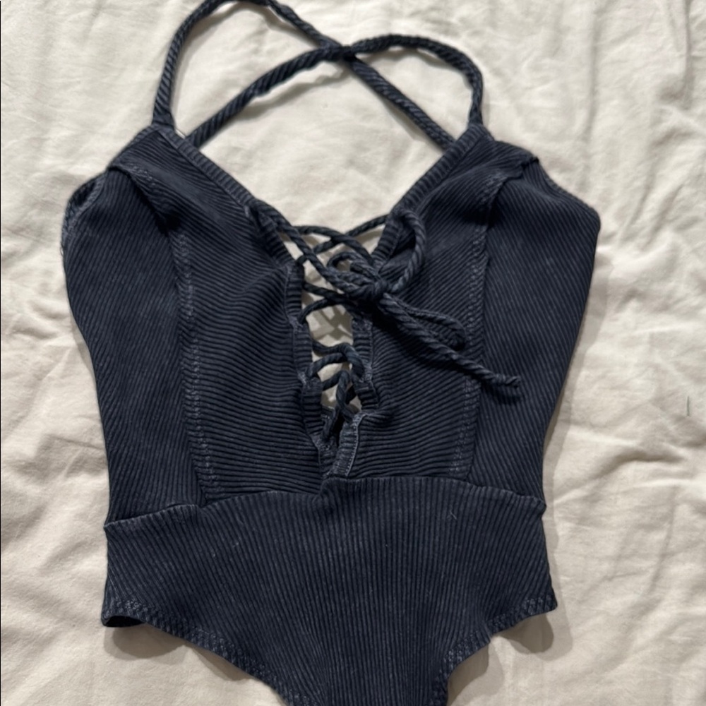 Fashion Nova Blue Bodysuit with Plunging V-neck and Lace-up Detail